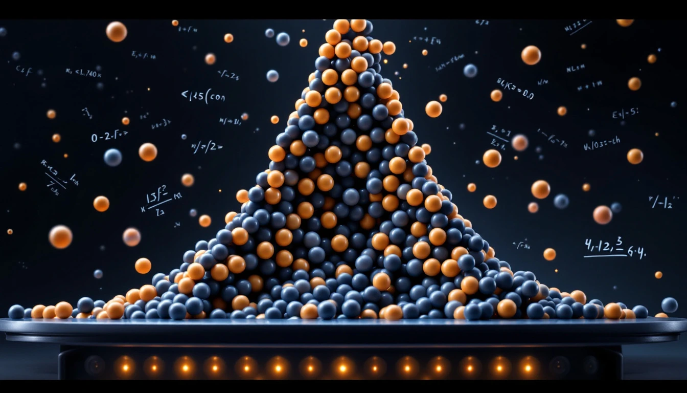A scientific diagram of a Galton board with a bell curve overlaid on the slot distribution