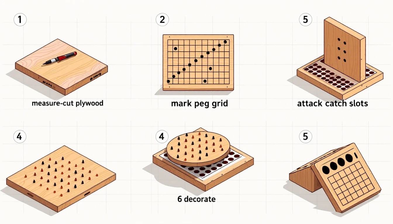 Step-by-step DIY Plinko board build infographic showing measure, mark, drill, insert pegs, attach slots, decorate