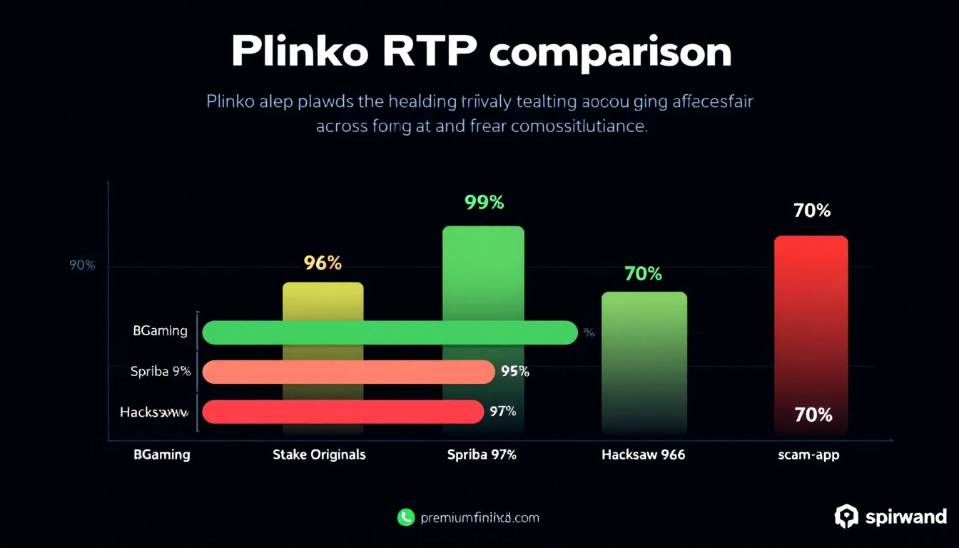 Plinko RTP comparison chart by provider — BGaming 99%, Stake Originals 99%, Spribe 97%, Hacksaw 96%, scam apps 70%