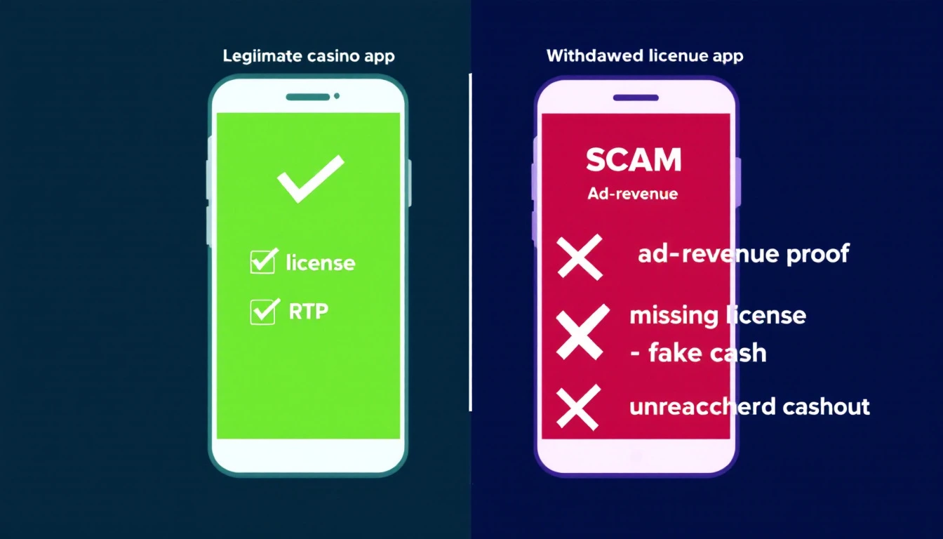 Side-by-side comparison infographic: legitimate licensed casino app vs scam ad-revenue Plinko cash app